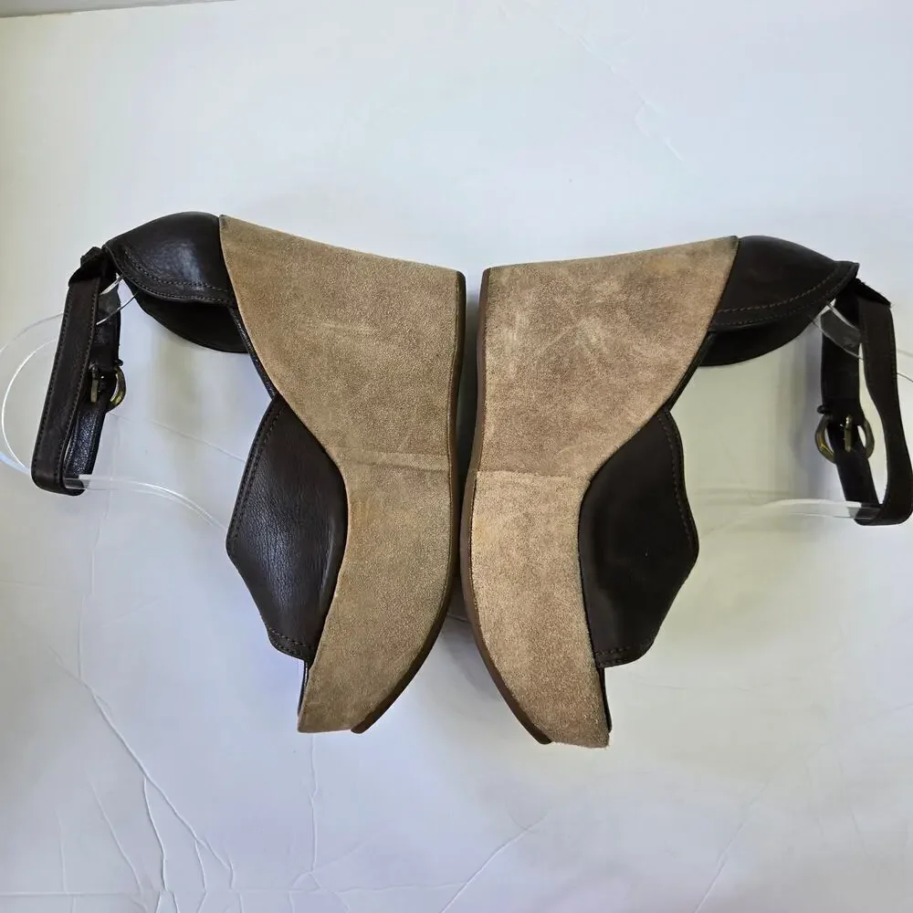Cordani Made in Italy Platform Wedge Sandals Brown Leather & Suede Heel Size 9